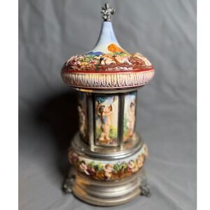 Vtg Reuge Italian Capodimonte Style Cherub Carousel Music Box Hand Painted